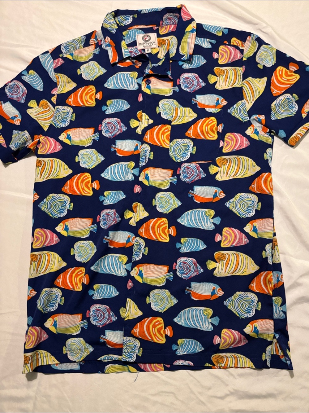 Men's Navy Tropical Fish Print Short Sleeve Button-Down Shirt